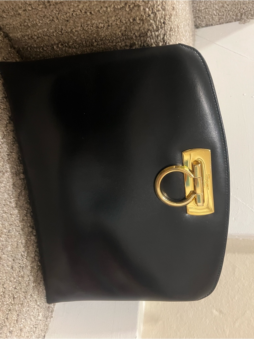 Salvatore Ferragamo Black Leather Shoulder Bag with Gold Gancini Accent